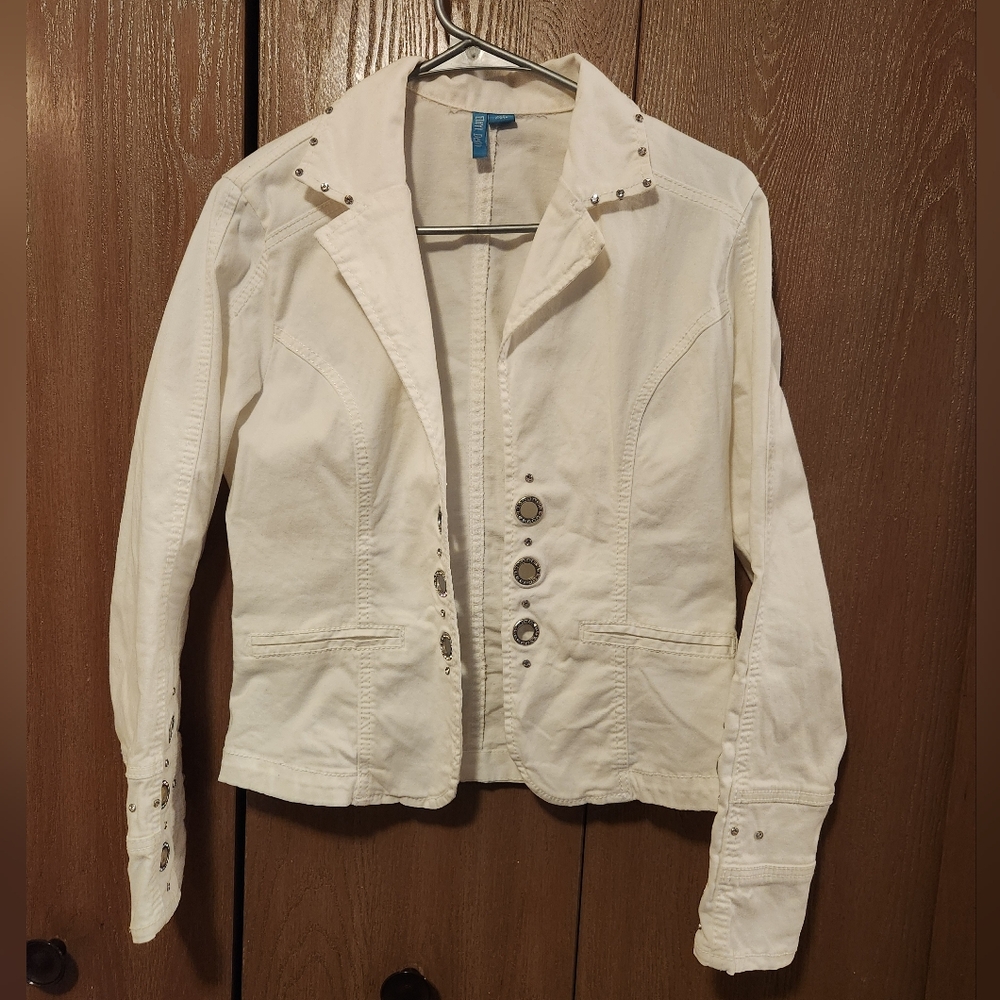 Vtg Y2K Ethyl Denim White Jacket Riveted Bling & Rhinestone Detail Size Small